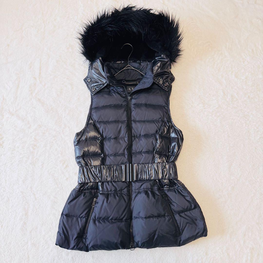 アルマーニエクスチェンジ ダウンベスト ファー ベルト フード ブラック M