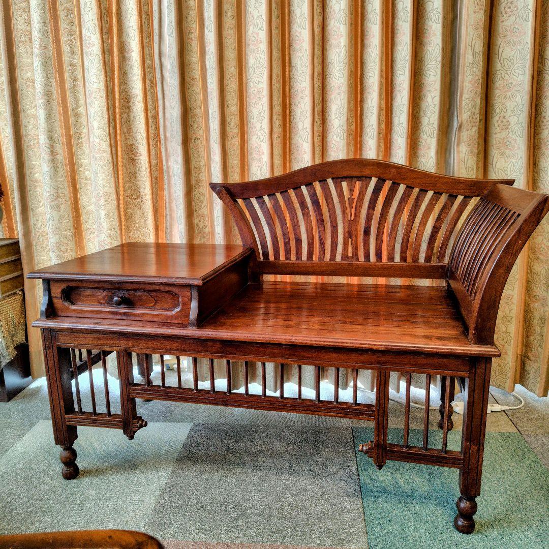 アジアンスタイル木製ベンチ引き出し付き