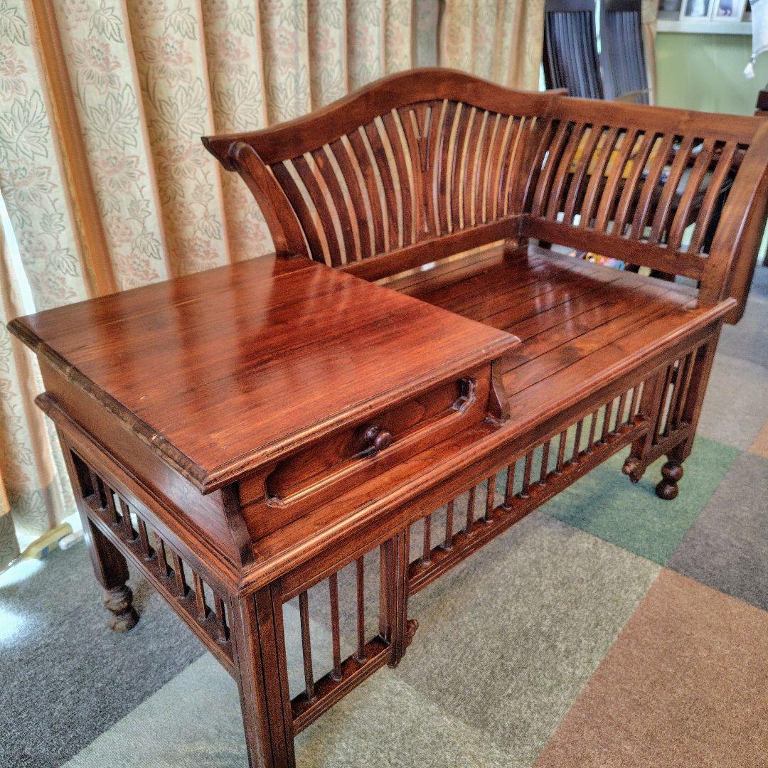 アジアンスタイル木製ベンチ引き出し付き