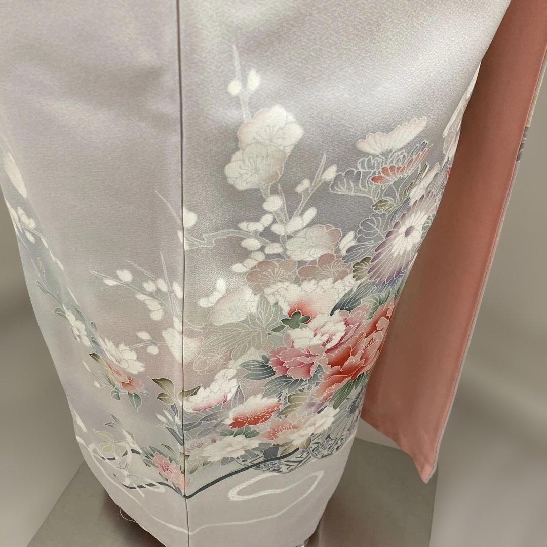 新品　淡いグレー地　訪問着　牡丹　花車文様　桜　縁起柄　小柄な方　s
