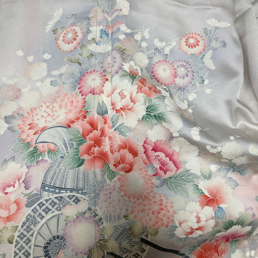 新品　淡いグレー地　訪問着　牡丹　花車文様　桜　縁起柄　小柄な方　s