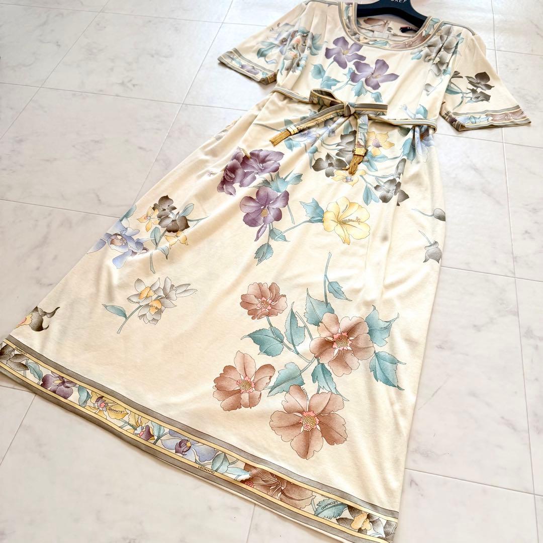 美品★レオナール ロングワンピース ベルト付き 花柄 トリム コットン L