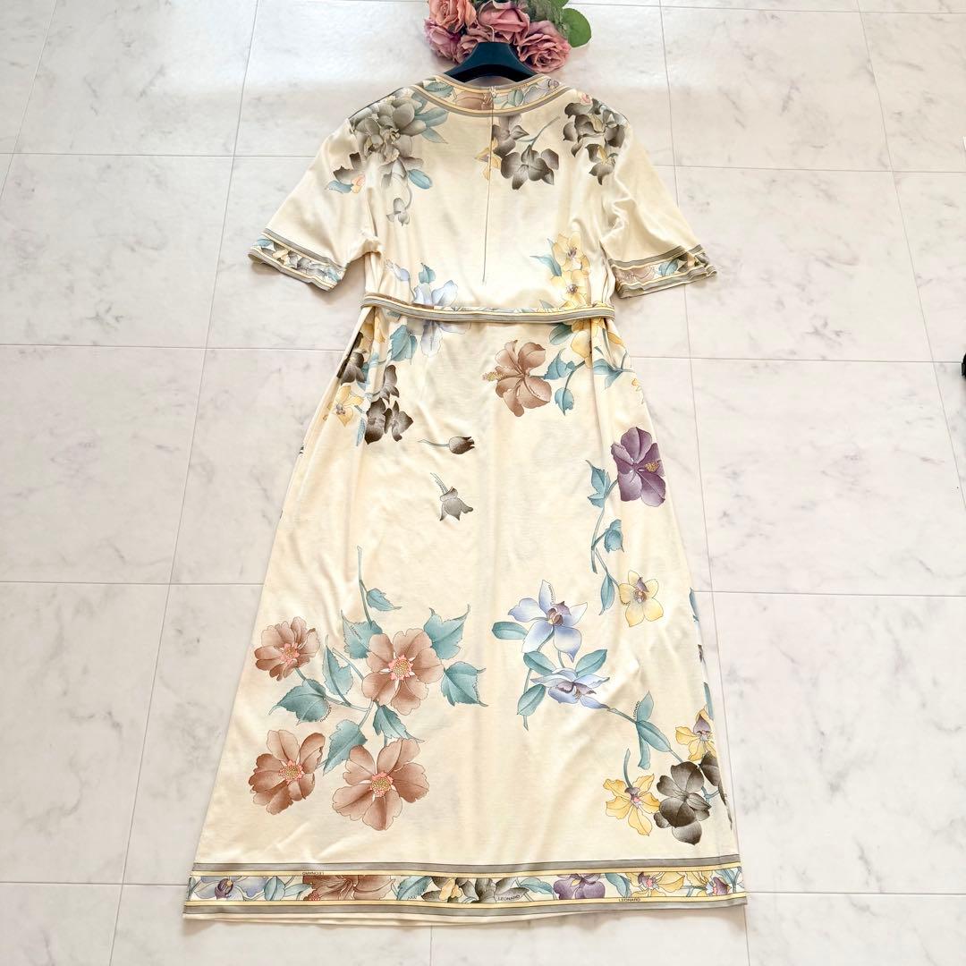 美品★レオナール ロングワンピース ベルト付き 花柄 トリム コットン L