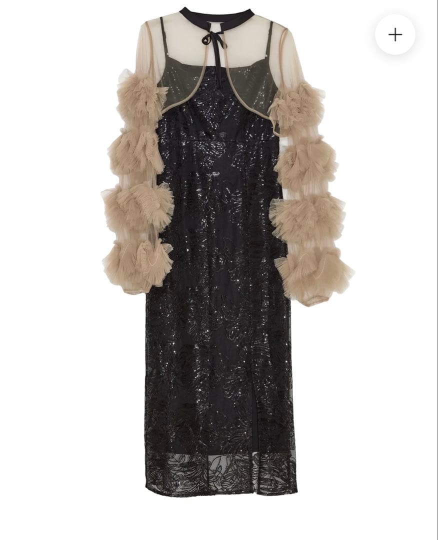 フリルチュールスリーブリボンIラインワンピースドレス