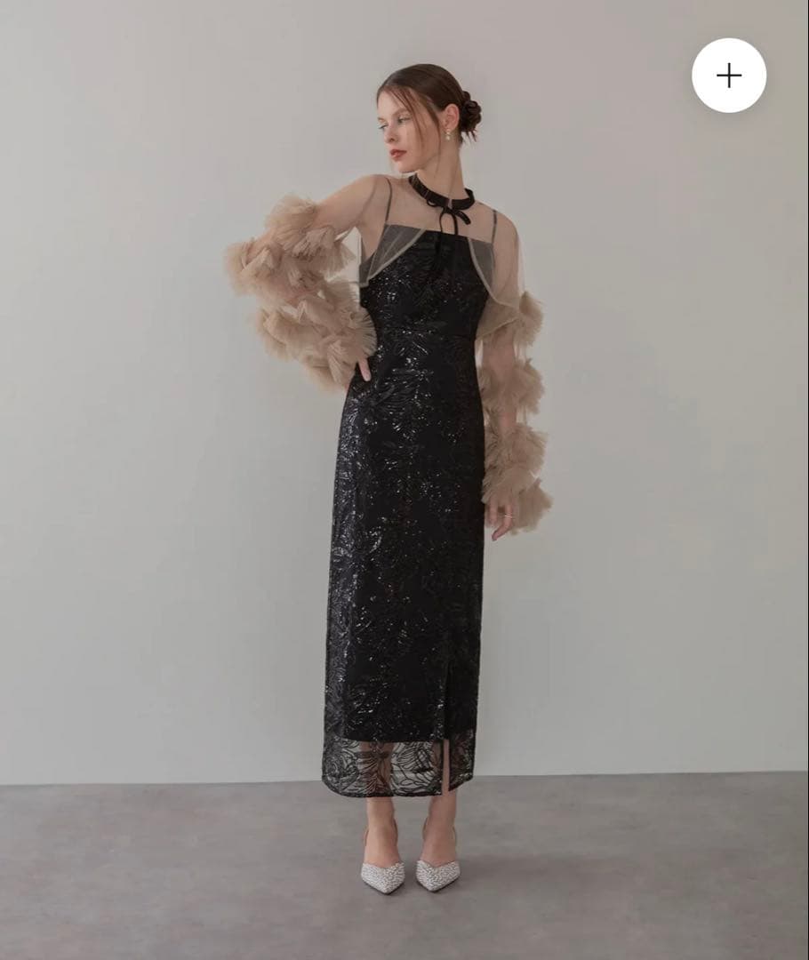 フリルチュールスリーブリボンIラインワンピースドレス