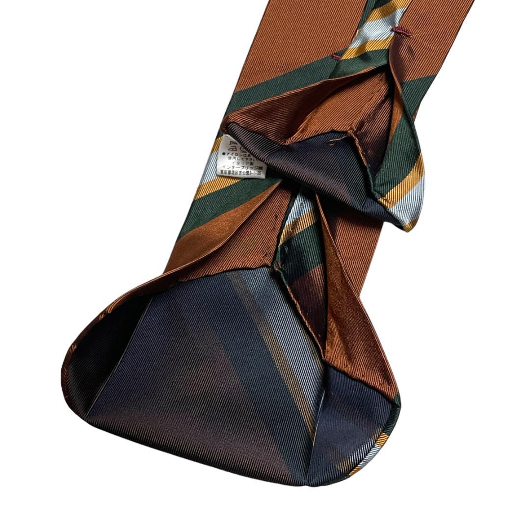 セッテピエゲ ストライプ ネクタイ ブラウン 茶 グリーン 緑 AD&C シルク
