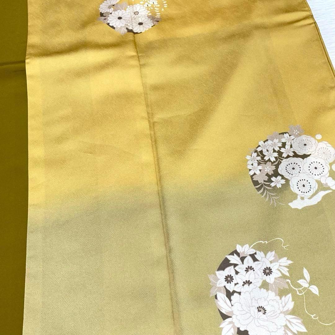 【美品✨】東レシルック　さんび　洗える着物　付け下げ　山吹色　花丸文　手縫いN7