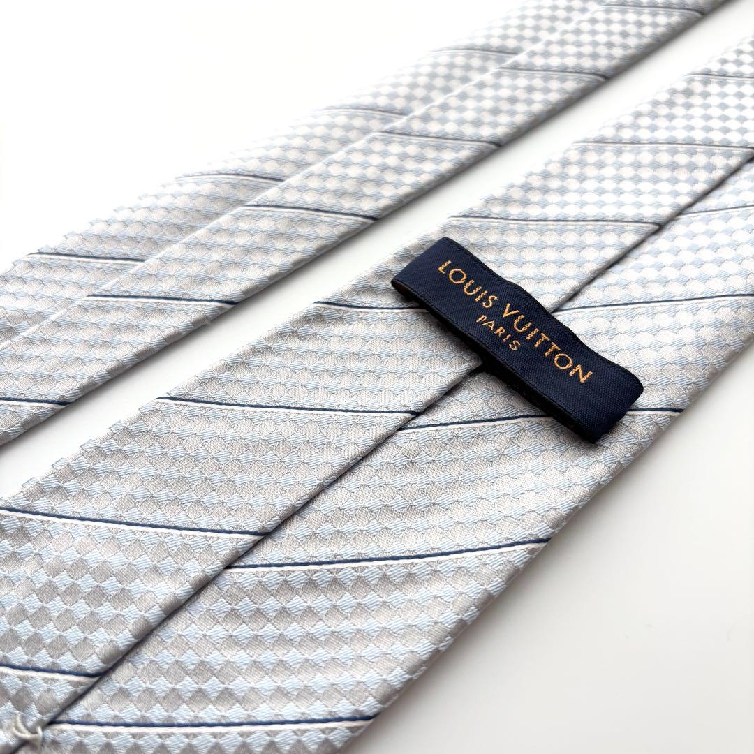 ꧁美品꧂ ルイヴィトン ネクタイ ダミエ LV ロゴ シルバー ブルー 結婚式