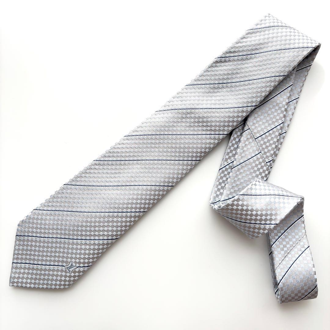 ꧁美品꧂ ルイヴィトン ネクタイ ダミエ LV ロゴ シルバー ブルー 結婚式