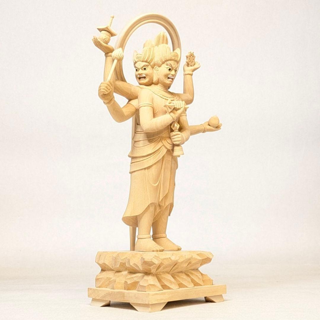 【セール・新品】三宝荒神　柘植　総高さ約24.5㎝　竈　三面六臂　台所の神