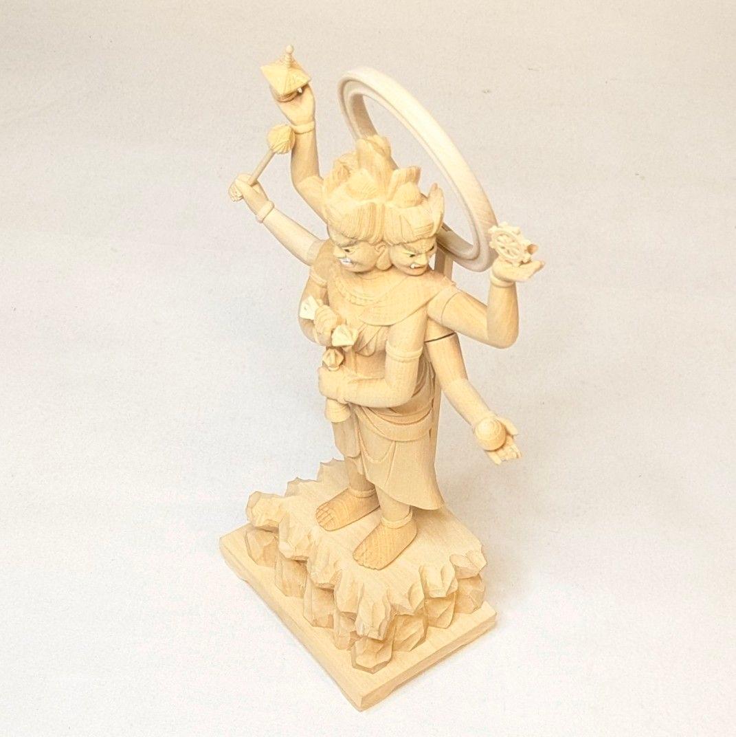 【セール・新品】三宝荒神　柘植　総高さ約24.5㎝　竈　三面六臂　台所の神