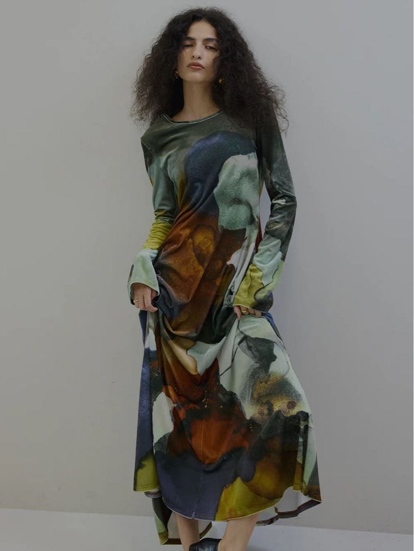 ワンピース ameri 2WAY RUST INK ART VELOUR DRESS