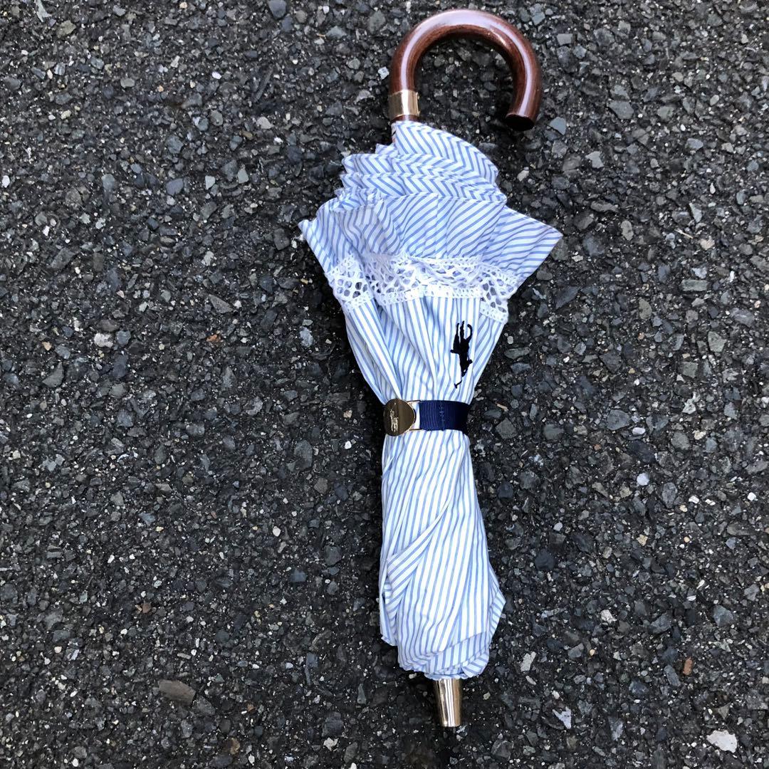 ラルフローレン ポロ 折りたたみ兼用傘 ストライプ柄フリル付き