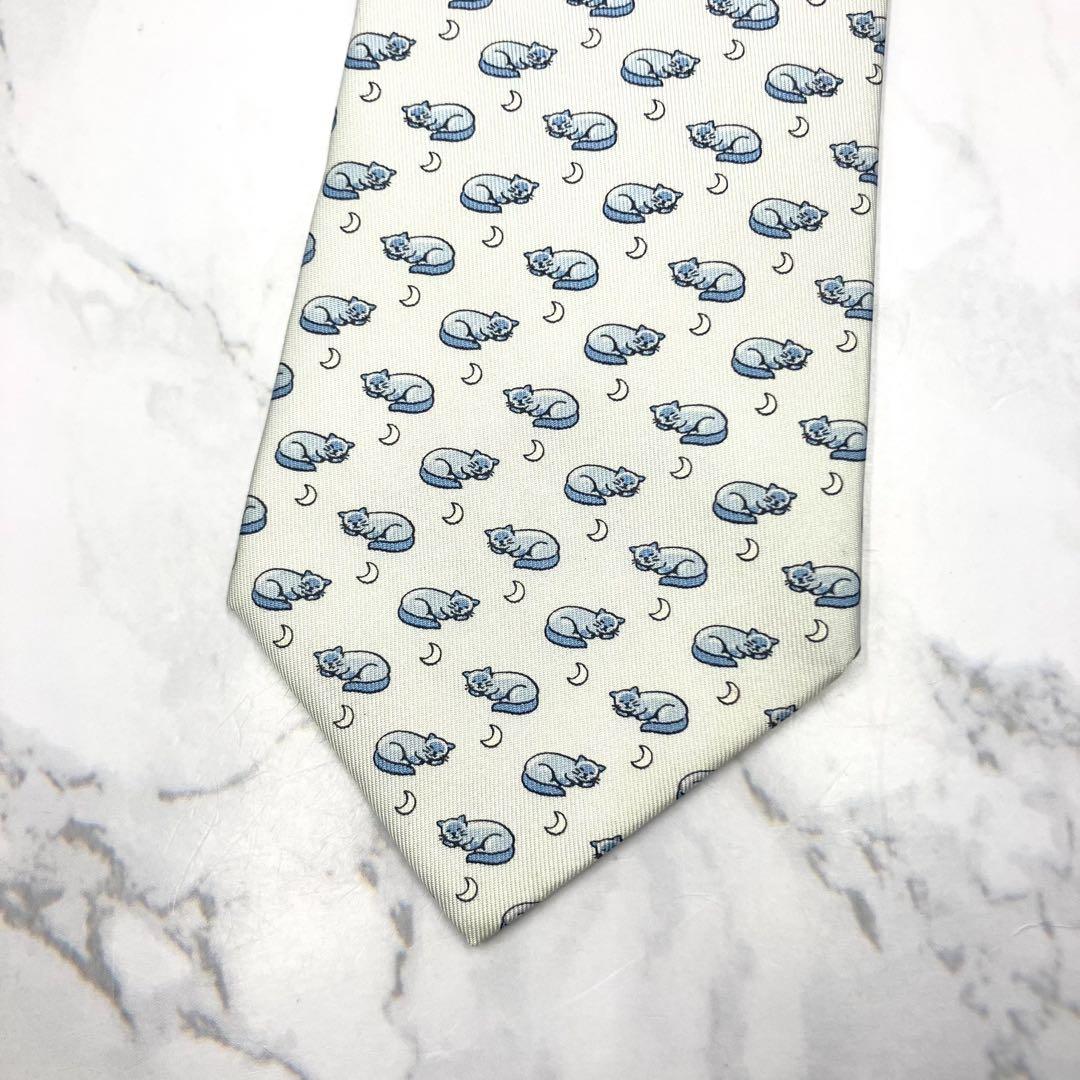 ◆美品◆HERMES エルメス ネクタイ 水色 猫とネズミ オシャレ