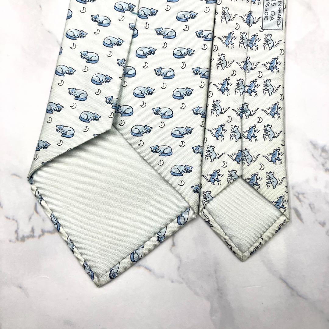 ◆美品◆HERMES エルメス ネクタイ 水色 猫とネズミ オシャレ