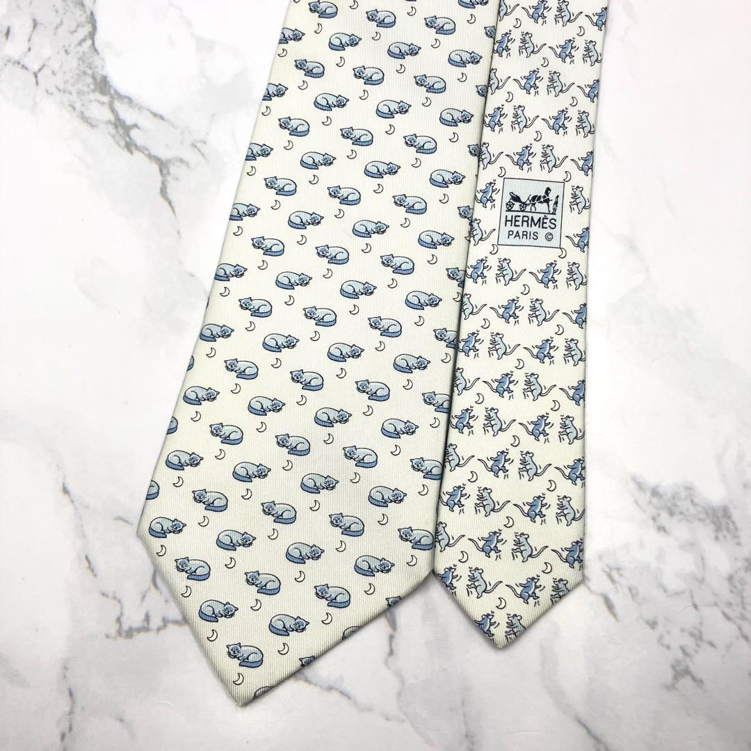 ◆美品◆HERMES エルメス ネクタイ 水色 猫とネズミ オシャレ