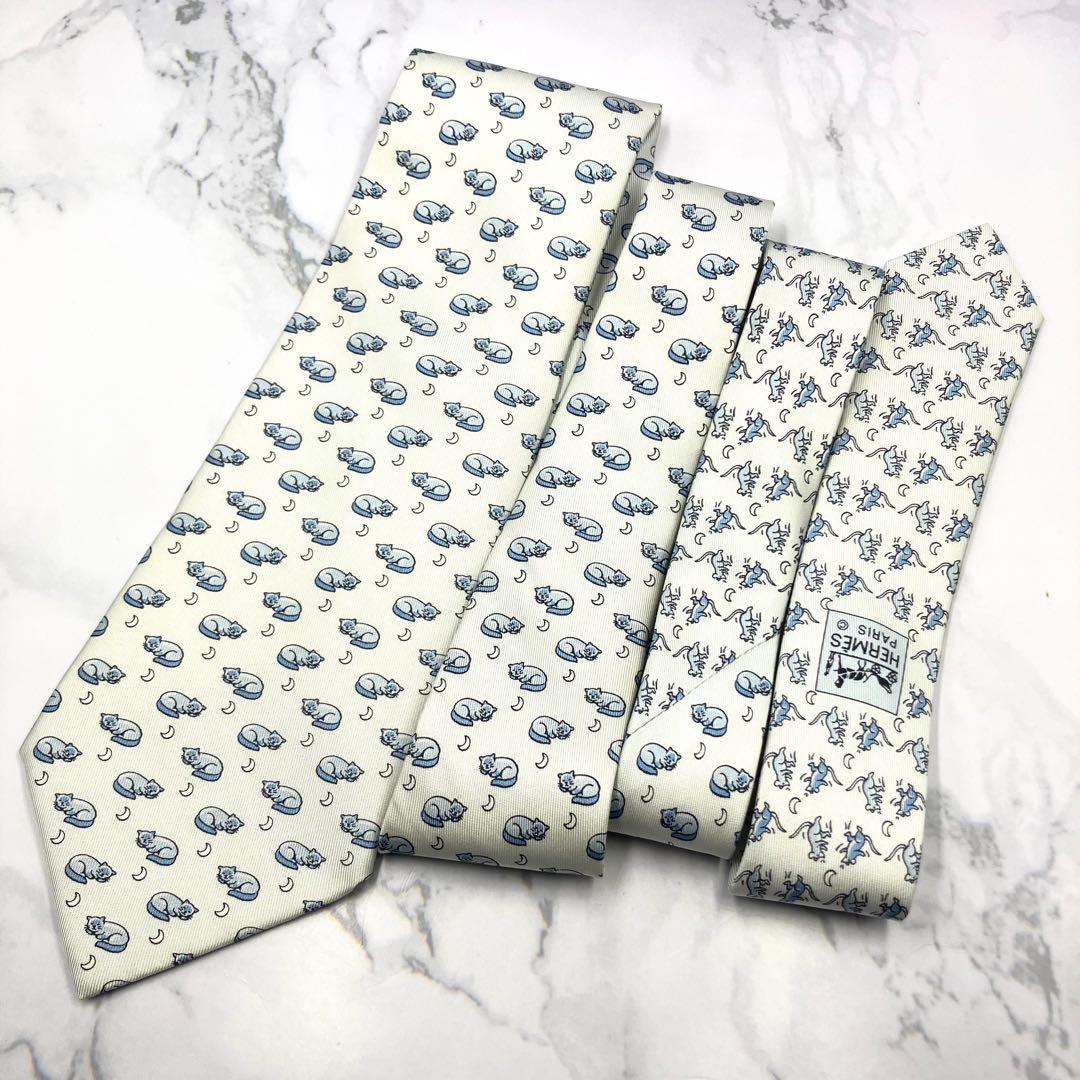 ◆美品◆HERMES エルメス ネクタイ 水色 猫とネズミ オシャレ