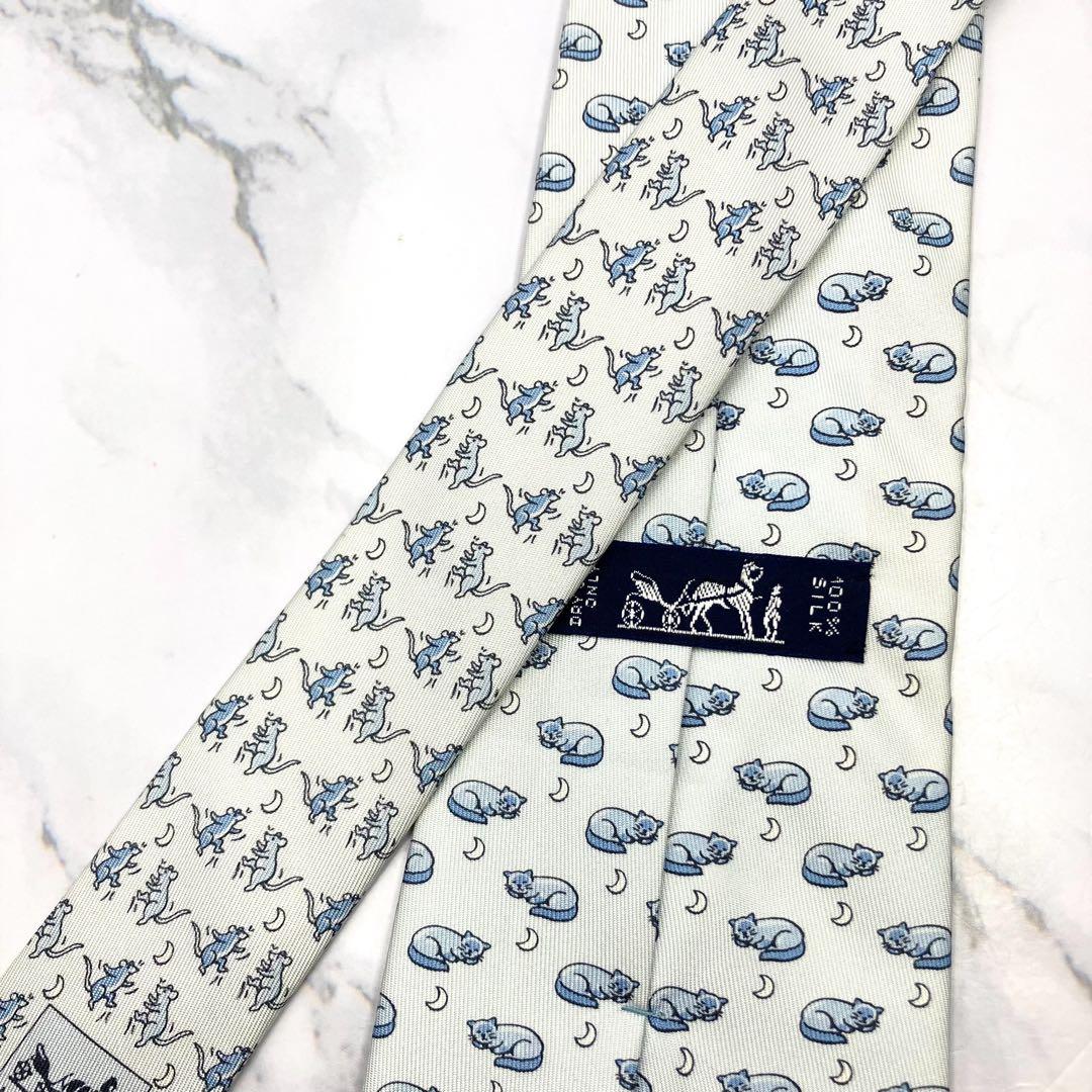 ◆美品◆HERMES エルメス ネクタイ 水色 猫とネズミ オシャレ