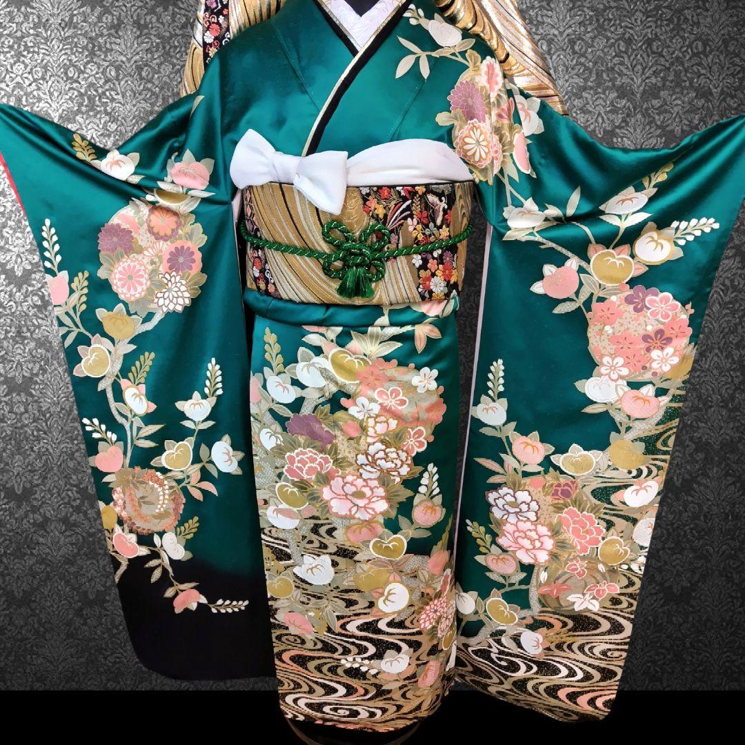 振袖フルセット(7点)・古典柄・金駒刺繍・金彩加工・鹿の子柄・正絹