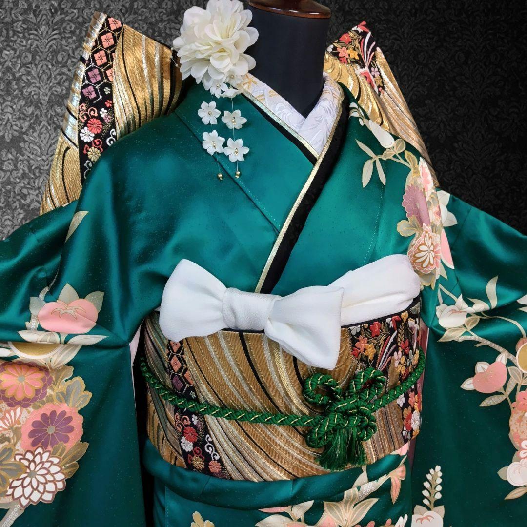 振袖フルセット(7点)・古典柄・金駒刺繍・金彩加工・鹿の子柄・正絹