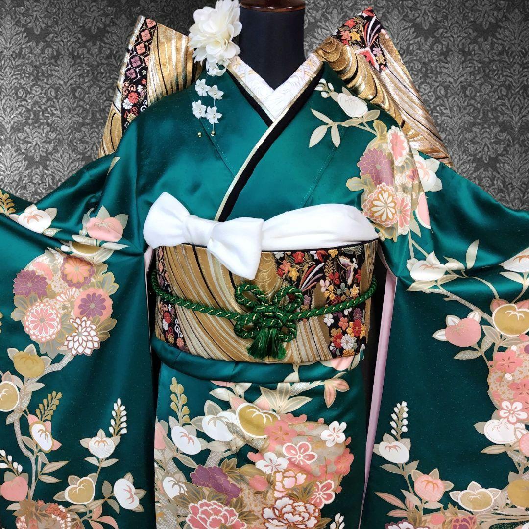 振袖フルセット(7点)・古典柄・金駒刺繍・金彩加工・鹿の子柄・正絹