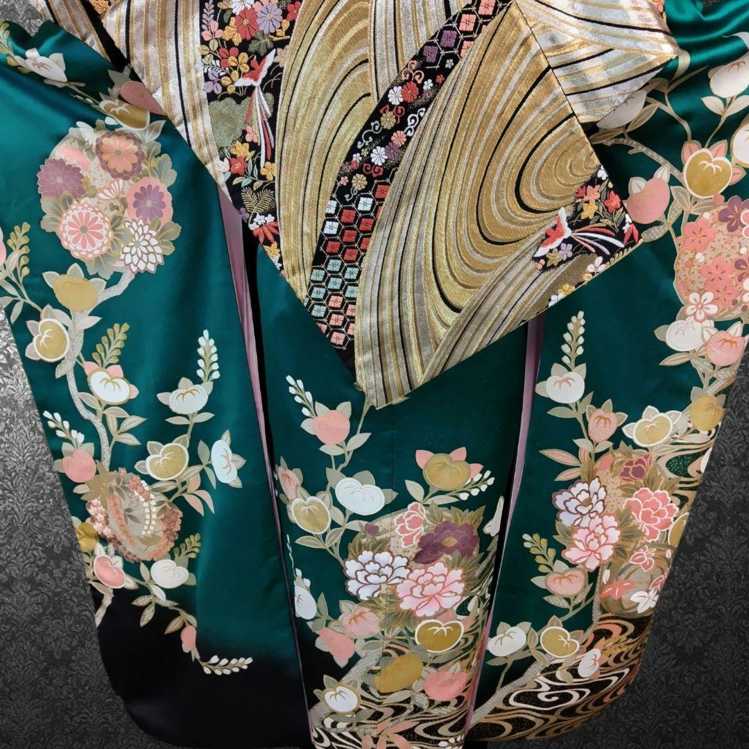 振袖フルセット(7点)・古典柄・金駒刺繍・金彩加工・鹿の子柄・正絹