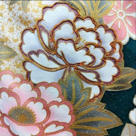 振袖フルセット(7点)・古典柄・金駒刺繍・金彩加工・鹿の子柄・正絹