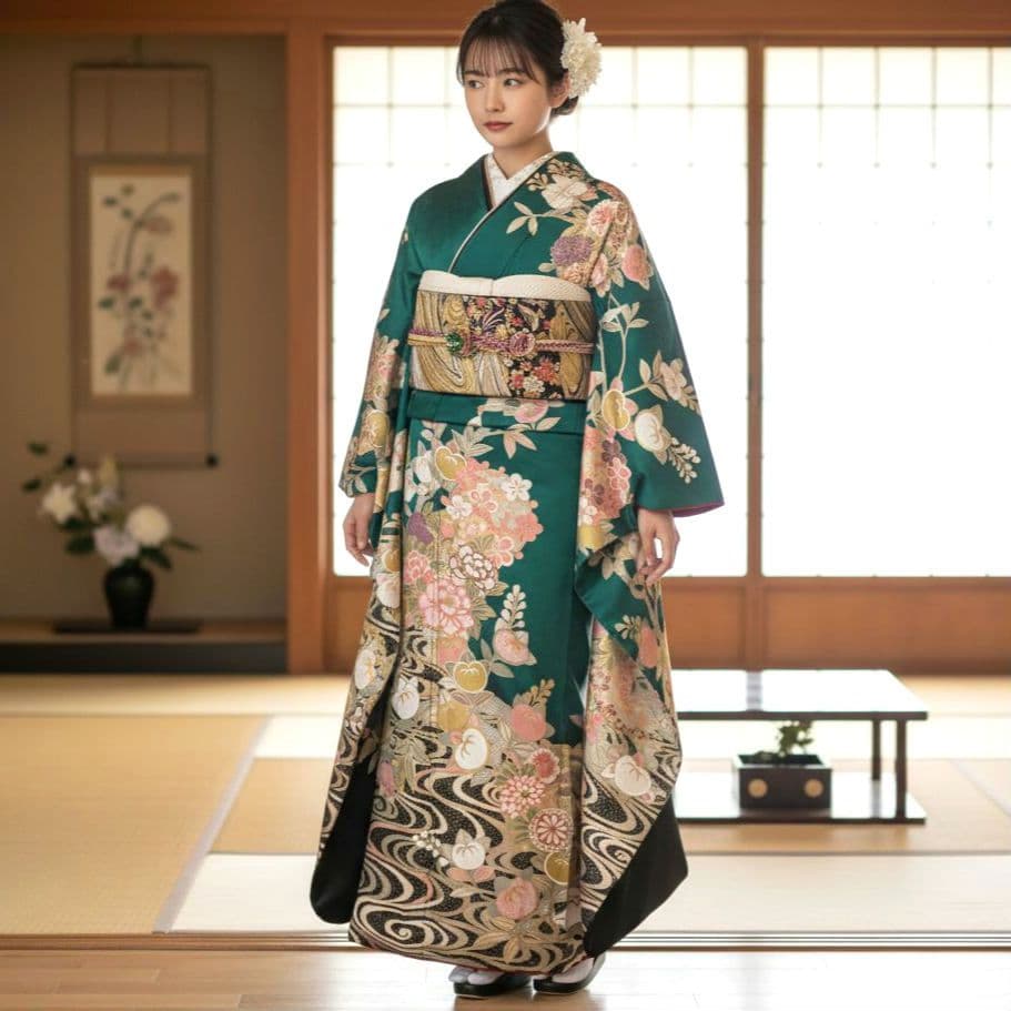 振袖フルセット(7点)・古典柄・金駒刺繍・金彩加工・鹿の子柄・正絹