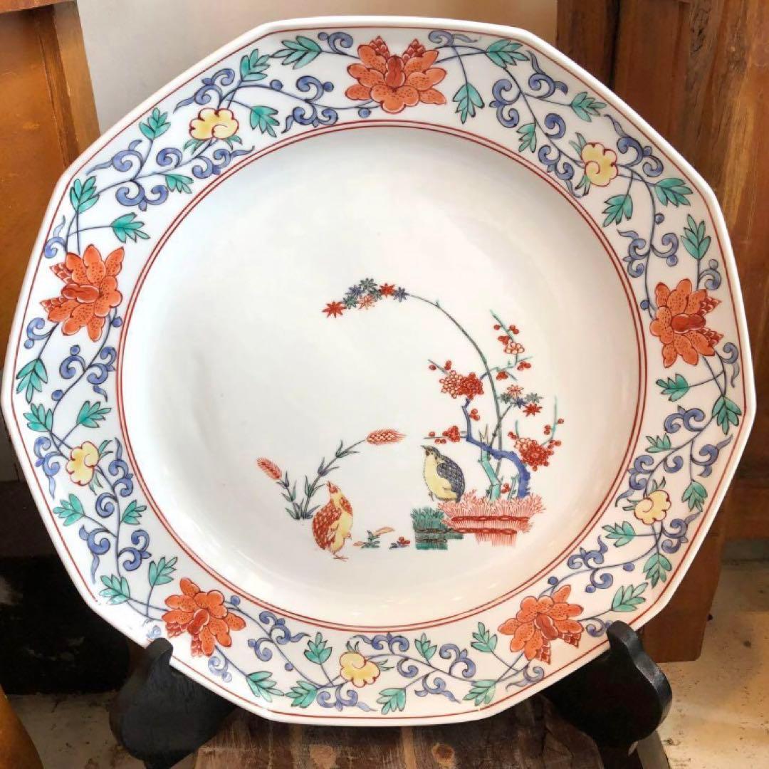 【木箱付き】 柿右衛門 色絵竹梅鶉　十角皿