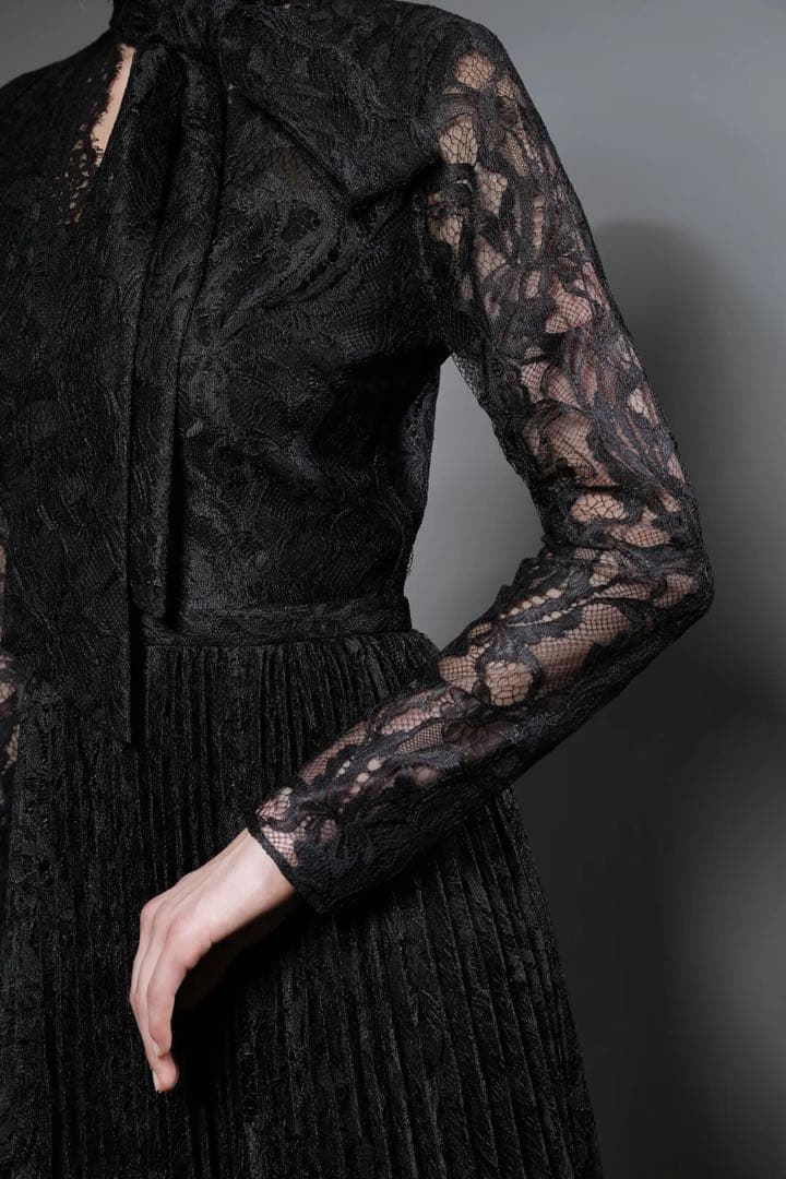 Alunc レースプリーツロングドレス 38黒