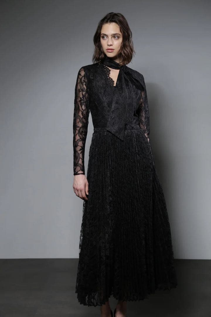 Alunc レースプリーツロングドレス 38黒