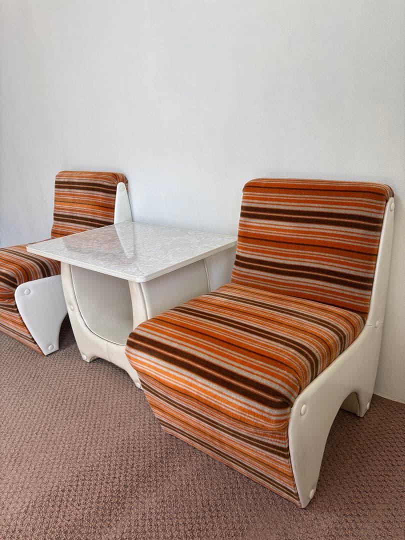 昭和レトロ◼️ミッドセンチュリー 未使用ソファセット 1970年オレンジストライプ