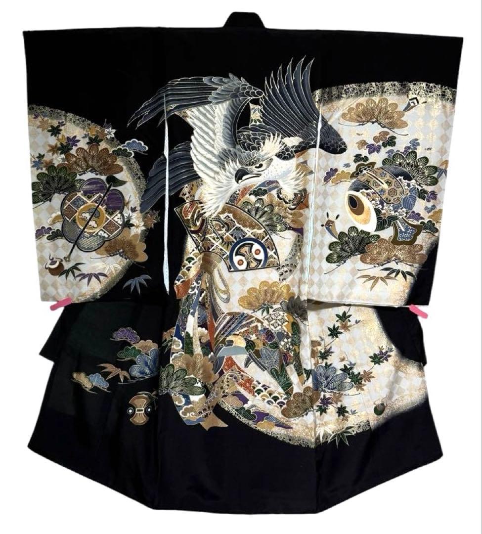 男の子　一つ身着物、長襦袢セット　お宮参りにオススメ　正絹　黒