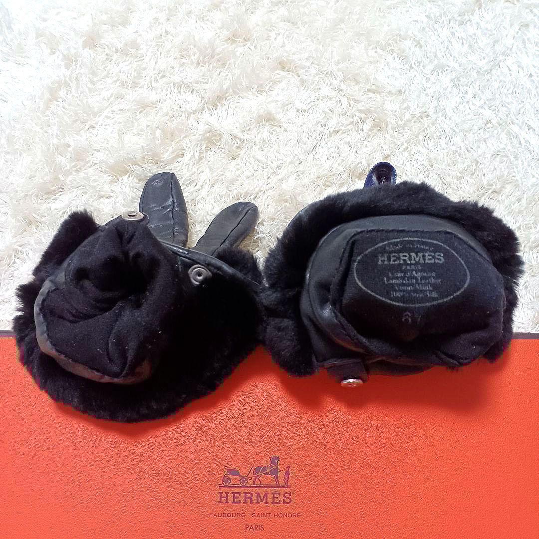 HERMES グローブ ケリー金具 カデナチャーム付 ミンクファー