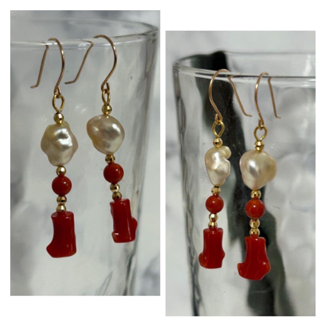 (M0126-3)K18YG南洋ゴールデンケシ，赤珊瑚アメリカンピアス