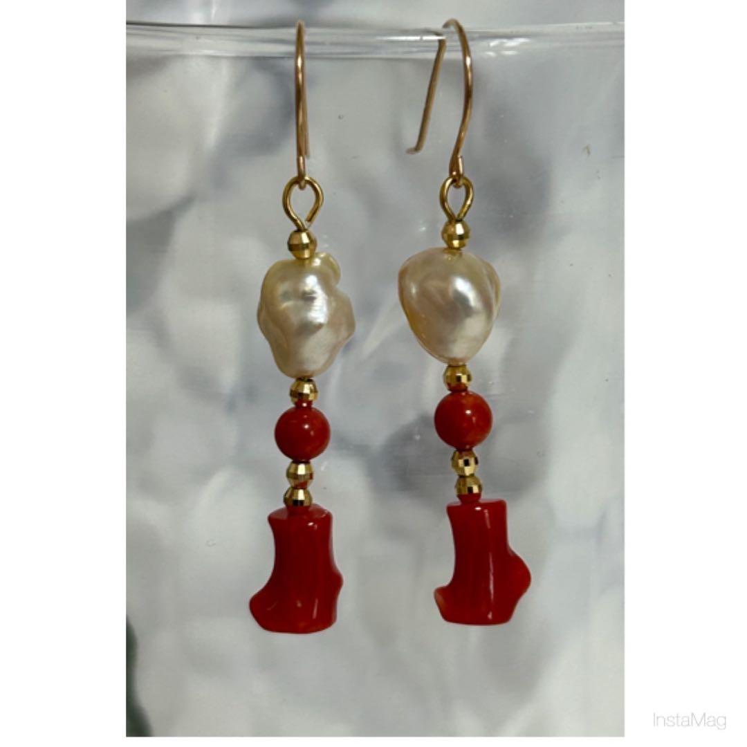 (M0126-3)K18YG南洋ゴールデンケシ，赤珊瑚アメリカンピアス