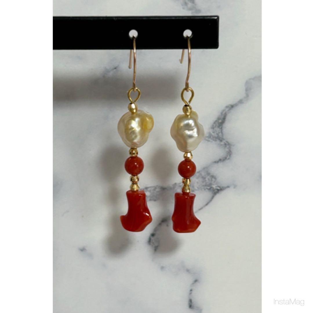 (M0126-3)K18YG南洋ゴールデンケシ，赤珊瑚アメリカンピアス