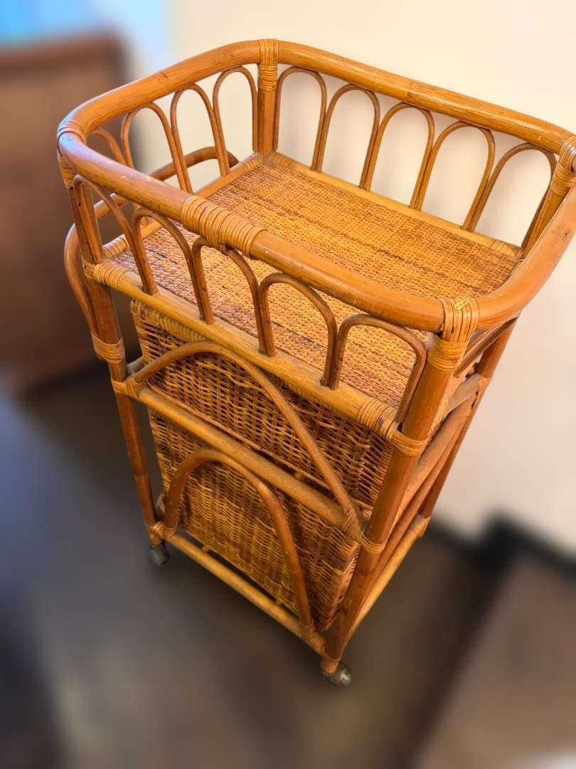 台湾製 ラタン バスケットラック 収納 キャスター付き 3段 ヴィンテージ