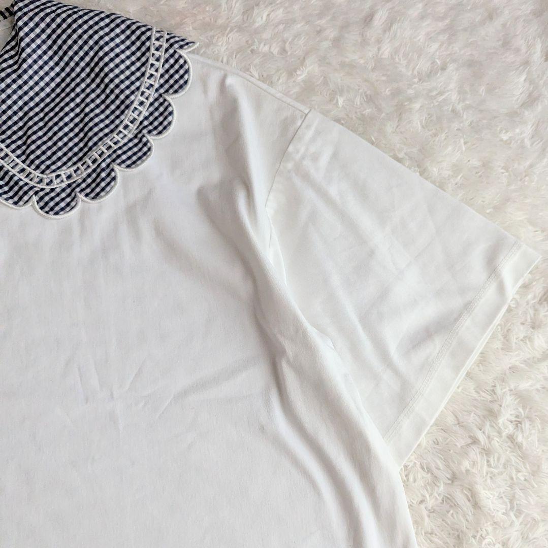 美品◎yori 23SS ギンガムスカラップカラー Tシャツ 洗える F 白 紺