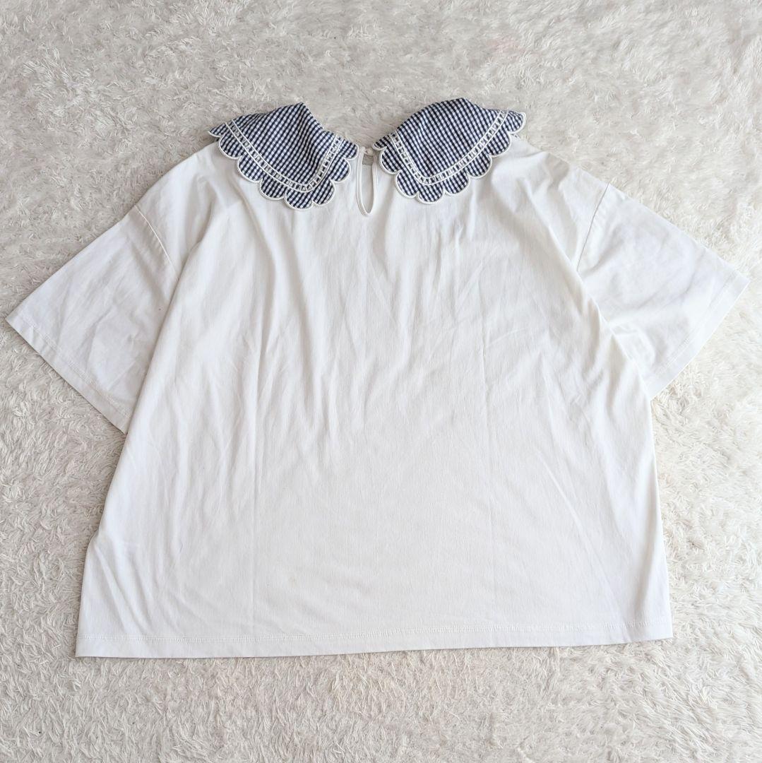 美品◎yori 23SS ギンガムスカラップカラー Tシャツ 洗える F 白 紺