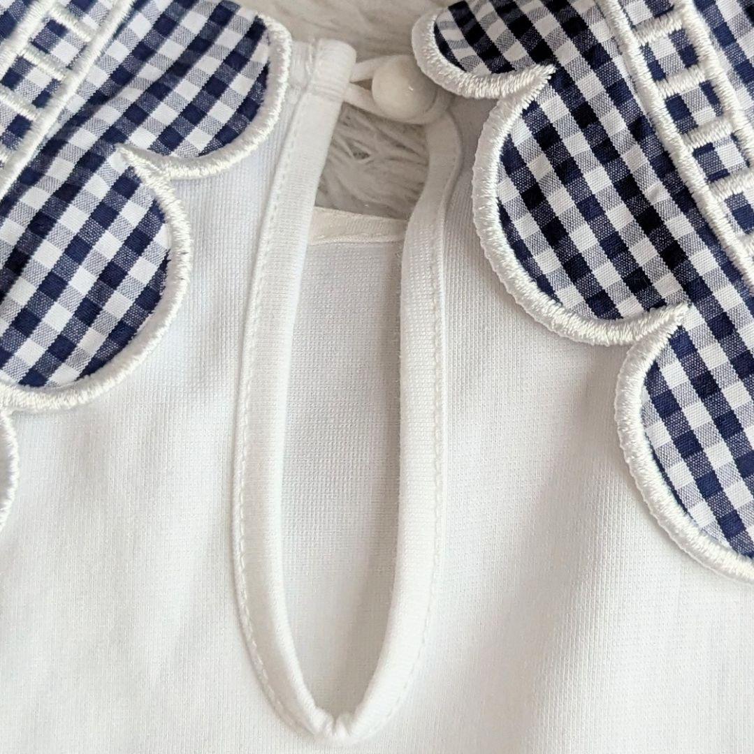 美品◎yori 23SS ギンガムスカラップカラー Tシャツ 洗える F 白 紺