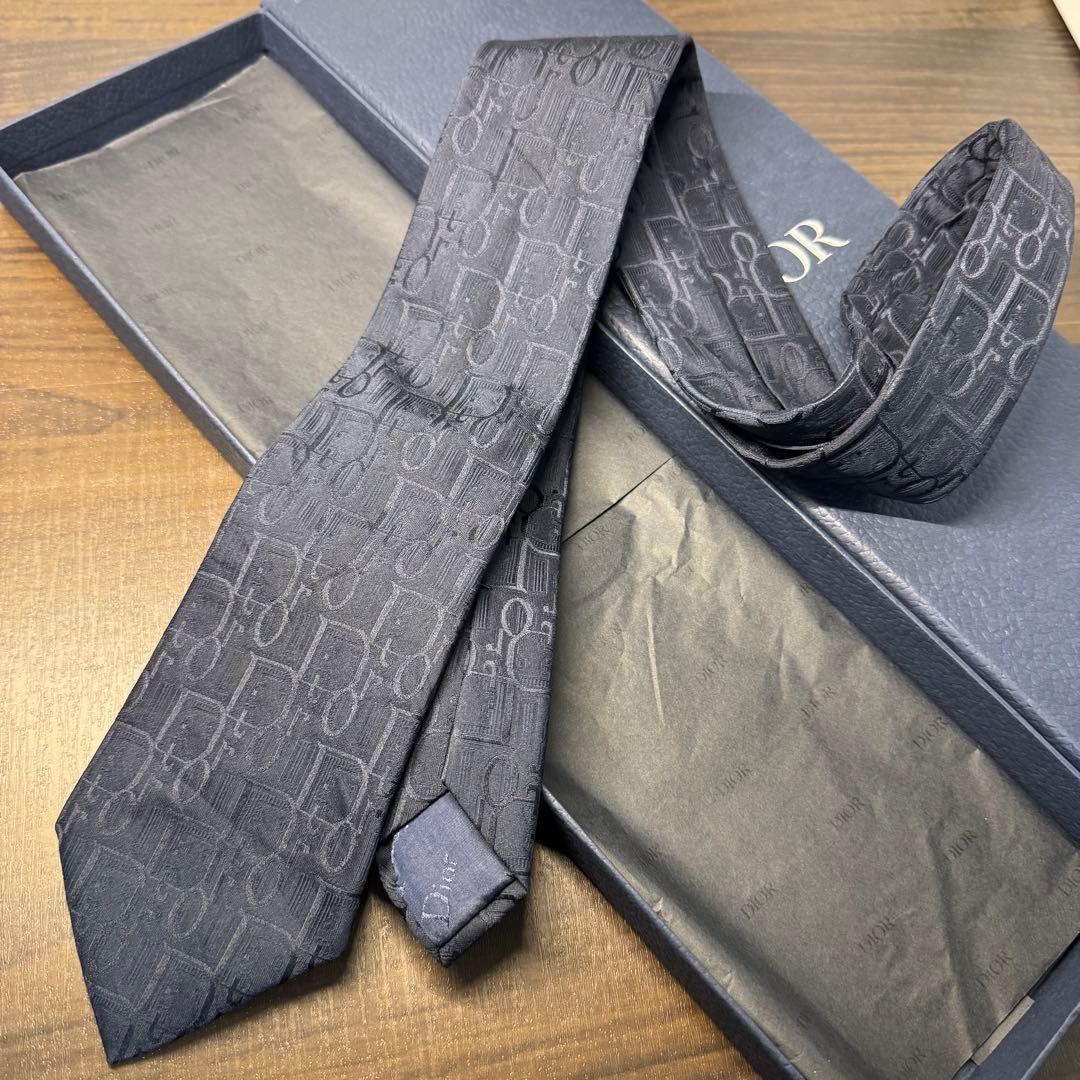 名作 クリスチャンディオール トロッター柄 ロゴ 総柄 ネクタイ ネイビー 濃紺