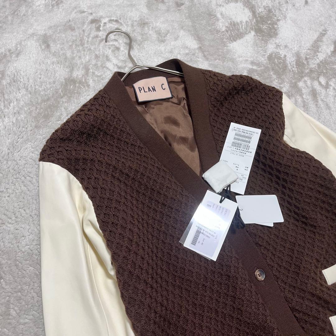 白玉　　ニット、レザー　切り替え　ドッキング　スタジャン　羊革