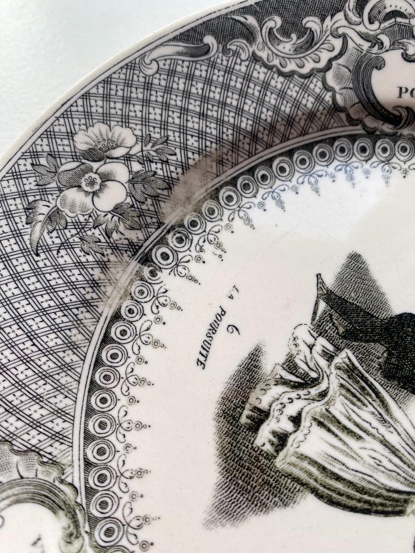 【希少】フランス アンティーク ロンウィ グリザイユ ポルカ ケーキ皿 平皿