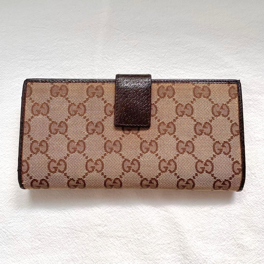 グッチ　長財布　GGキャンバス　ロゴプレート　Wホック　ブラウン　1118-④