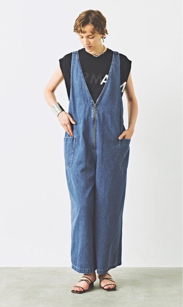 KHA:KI (カーキ) デニム Vネック オーバーオール