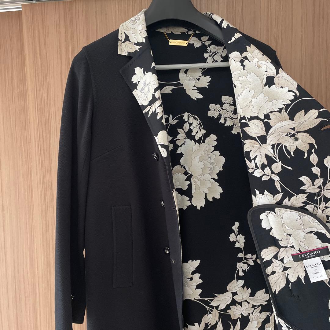 LEONARD 黒 チェスターコート フラワー襟