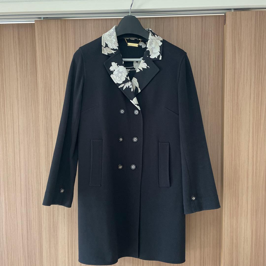 LEONARD 黒 チェスターコート フラワー襟