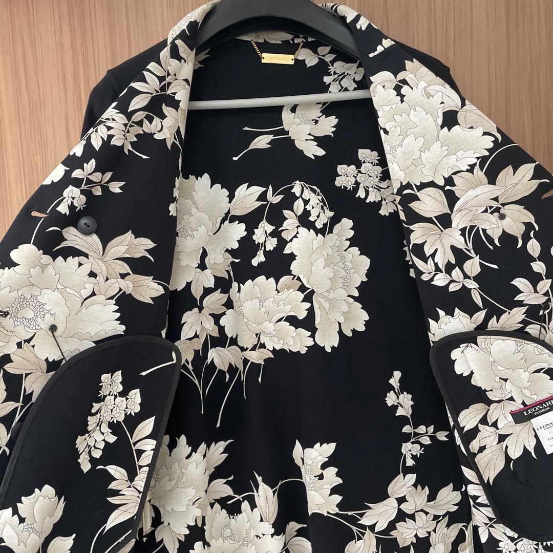 LEONARD 黒 チェスターコート フラワー襟