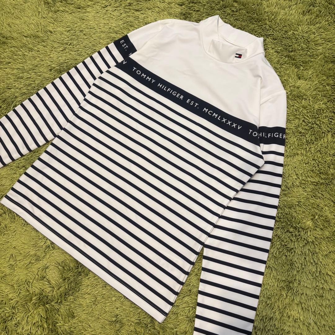 トミーヒルフィガーゴルフ モックネック 長袖シャツ ボーダー 裏微起毛 Lサイズ